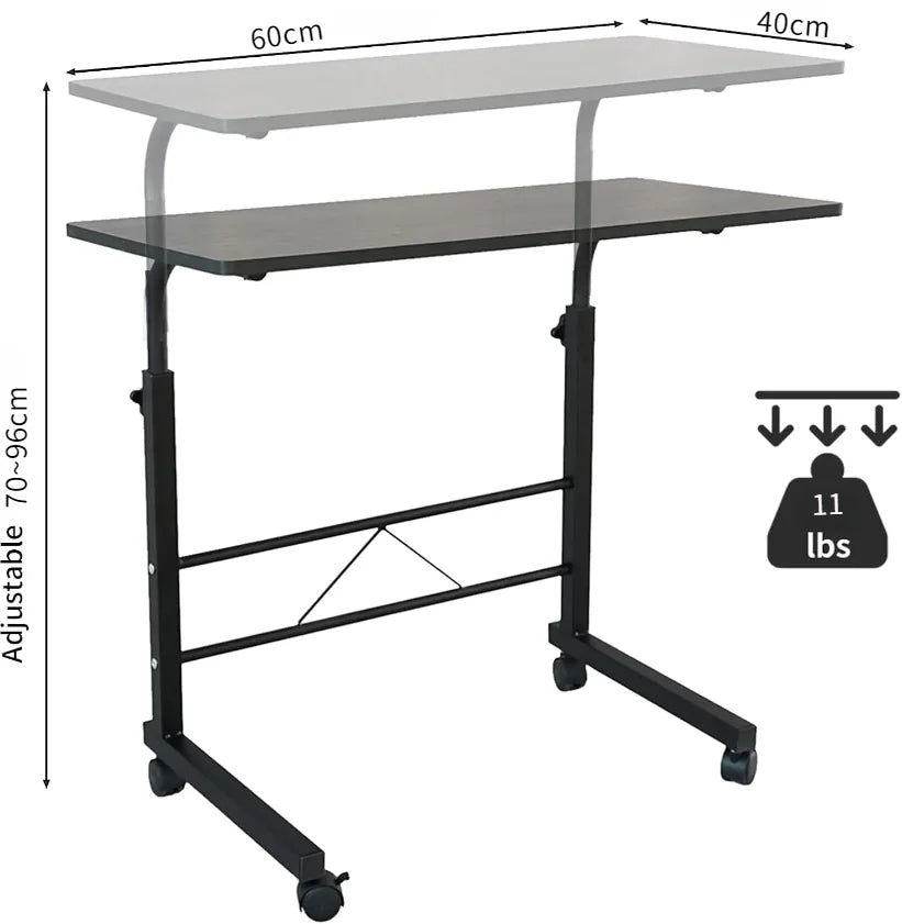 Black Pipe Rack Computer Desk, Side Table Mobile Standing, Adjustable Height & Movable, 60cm Particleboard with Triamine, Modern