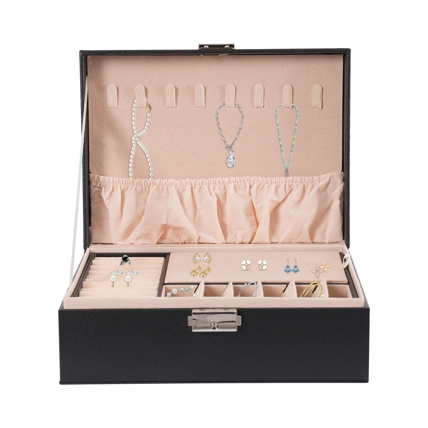 Jewelry Box Double Lock Leather Jewelry Box PVC Large Storage Case Ring Box Organizer Classic Jewelry Display Case Holder