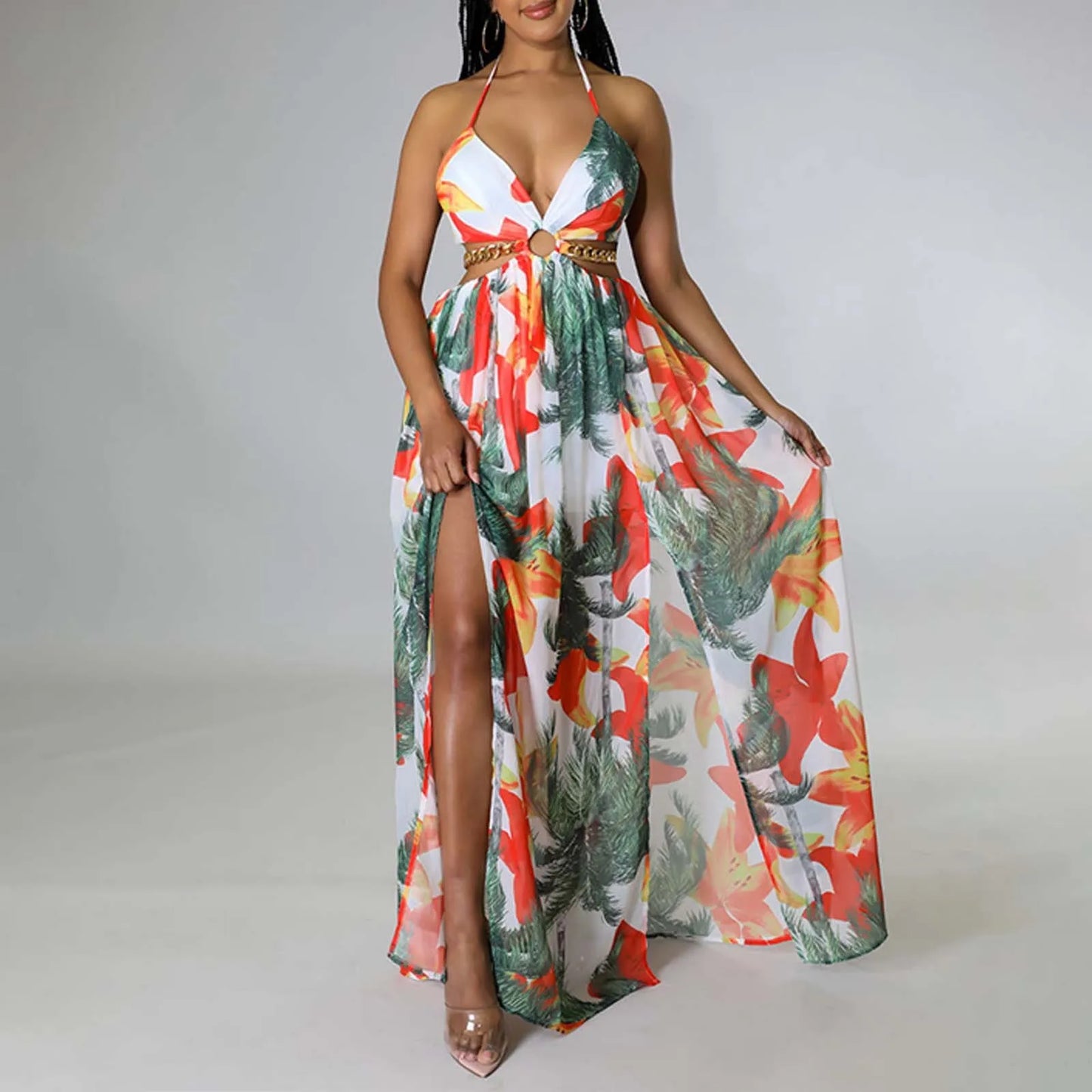 Floral Print Maxi Dress For Women Stylish French Halterneck Summer Dress Mid Length Camisole Dress Elegant High Split Dress