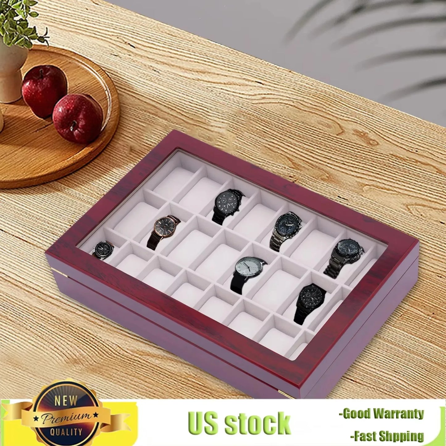 Bymaocar 24 Slots Vintage Wooden Watch Ring Box Bracelet Display Case Organizer with Glass Top and Locking Clasp for Men & Women