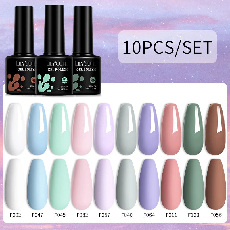 LILYCUTE 10PCS/Set Набір гель-лаків для нігтів Рожевий фіолетовий гель для нігтів Напівперманентний УФ світлодіодний лак Nail Art Design Soak Off Набір гелів для нігтів