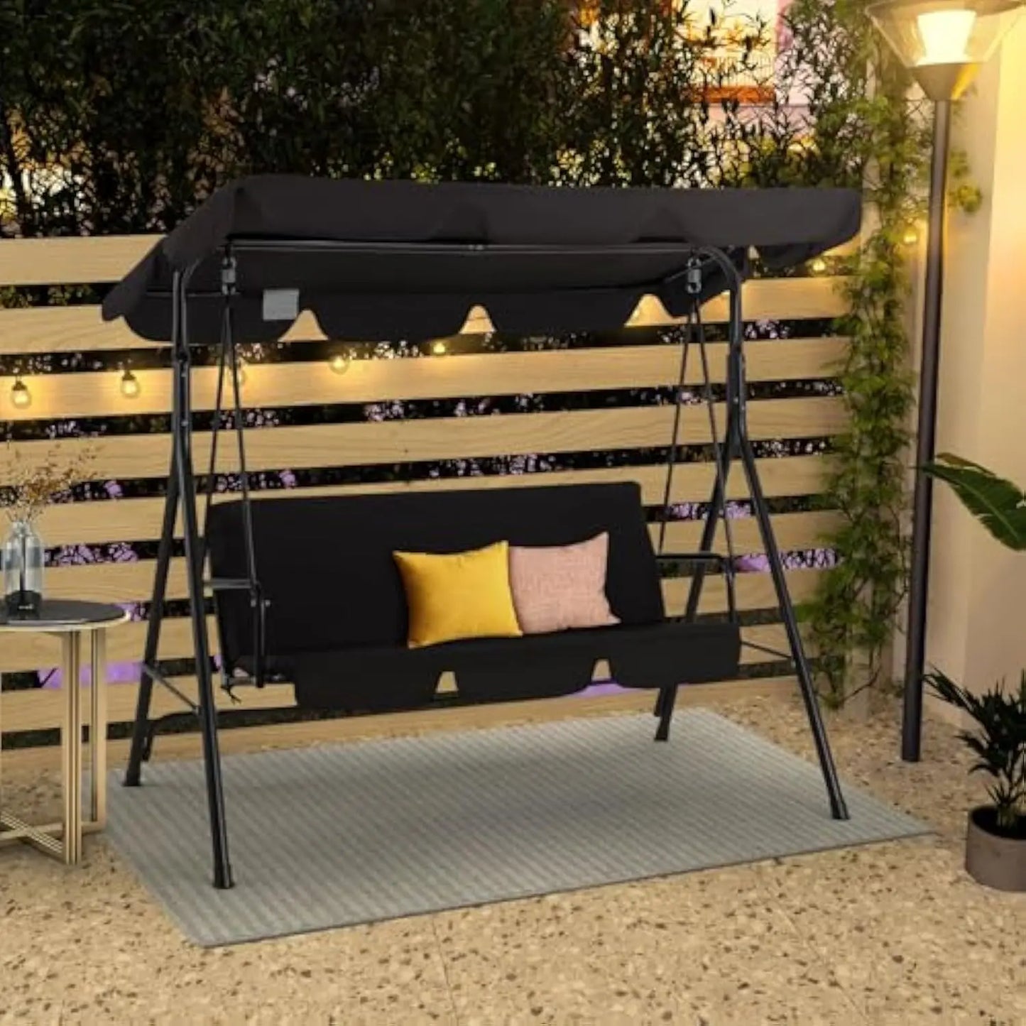 Patio Swings Outdoor, 3-Seat Glider Porch Bench with Removable Cushion and Adjustable Shade, Swing Chairs for Garden, Poolside