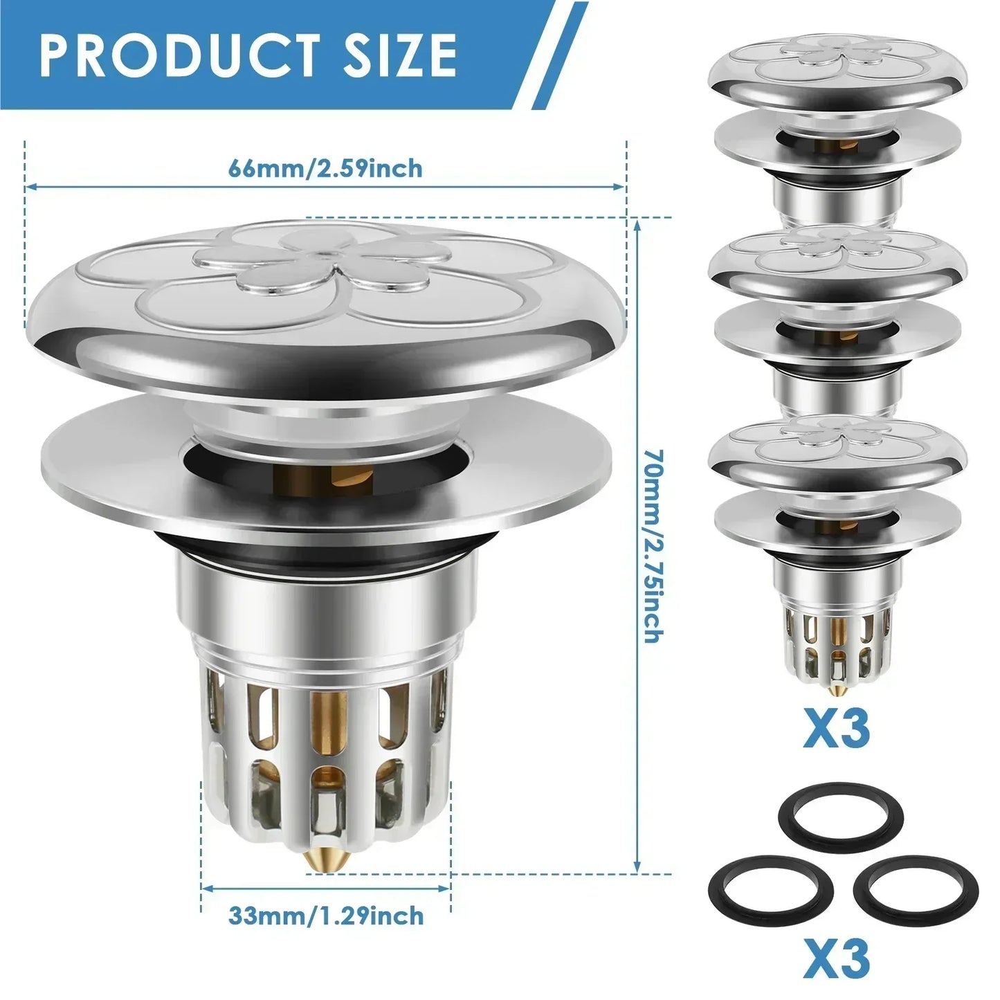 3Pcs Universal Stainless Steel Bathroom Basin Pop-Up Bounce Core Sink Stopper with Drain Hole for Bathtub Stopper Bathroom Tools