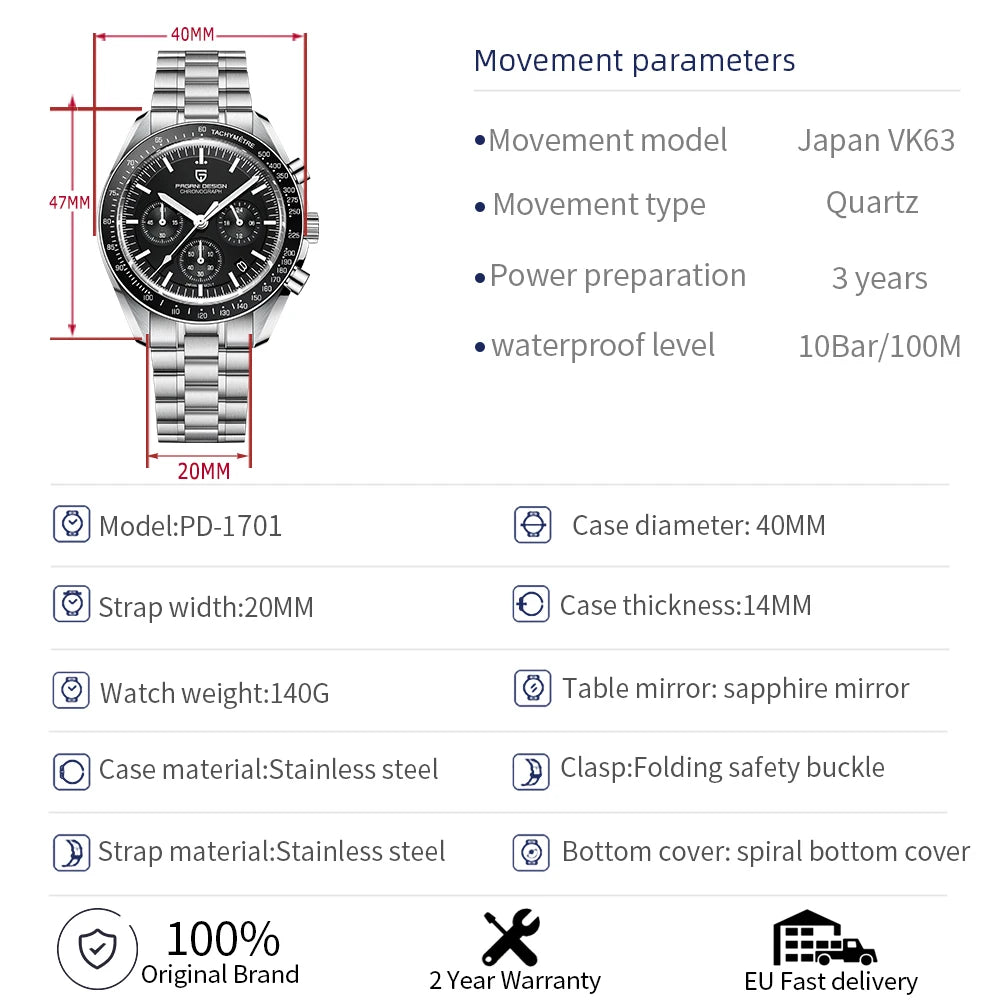 PAGANI DESIGN Silver Gold Moon Watches 2024 New Luxury Quartz Watch men Auto Date Chronograph AR Sapphire crystal Wristwatch Men