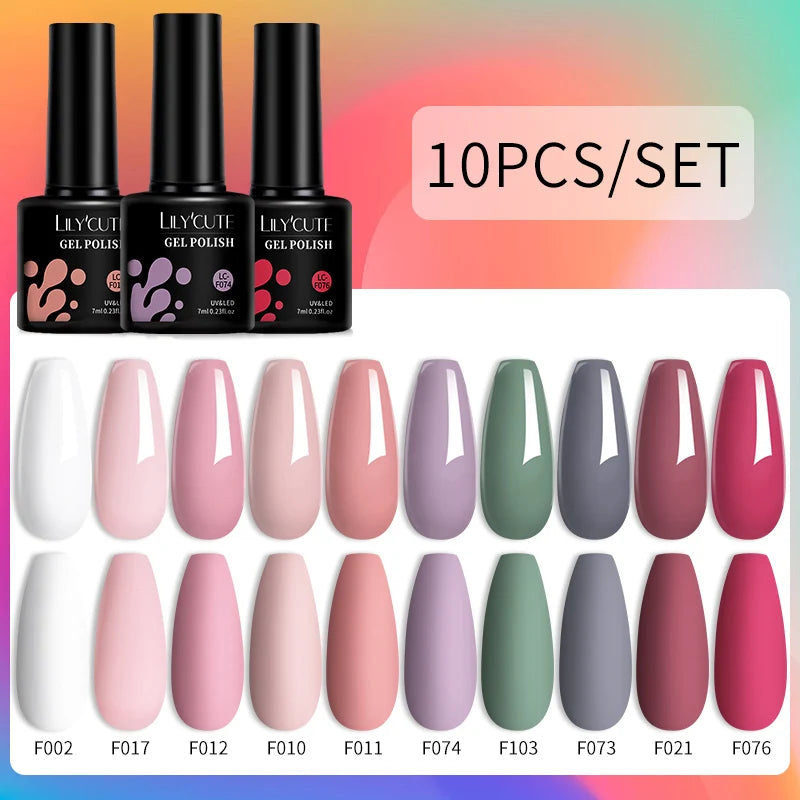 LILYCUTE 10PCS/Set Набір гель-лаків для нігтів Рожевий фіолетовий гель для нігтів Напівперманентний УФ світлодіодний лак Nail Art Design Soak Off Набір гелів для нігтів