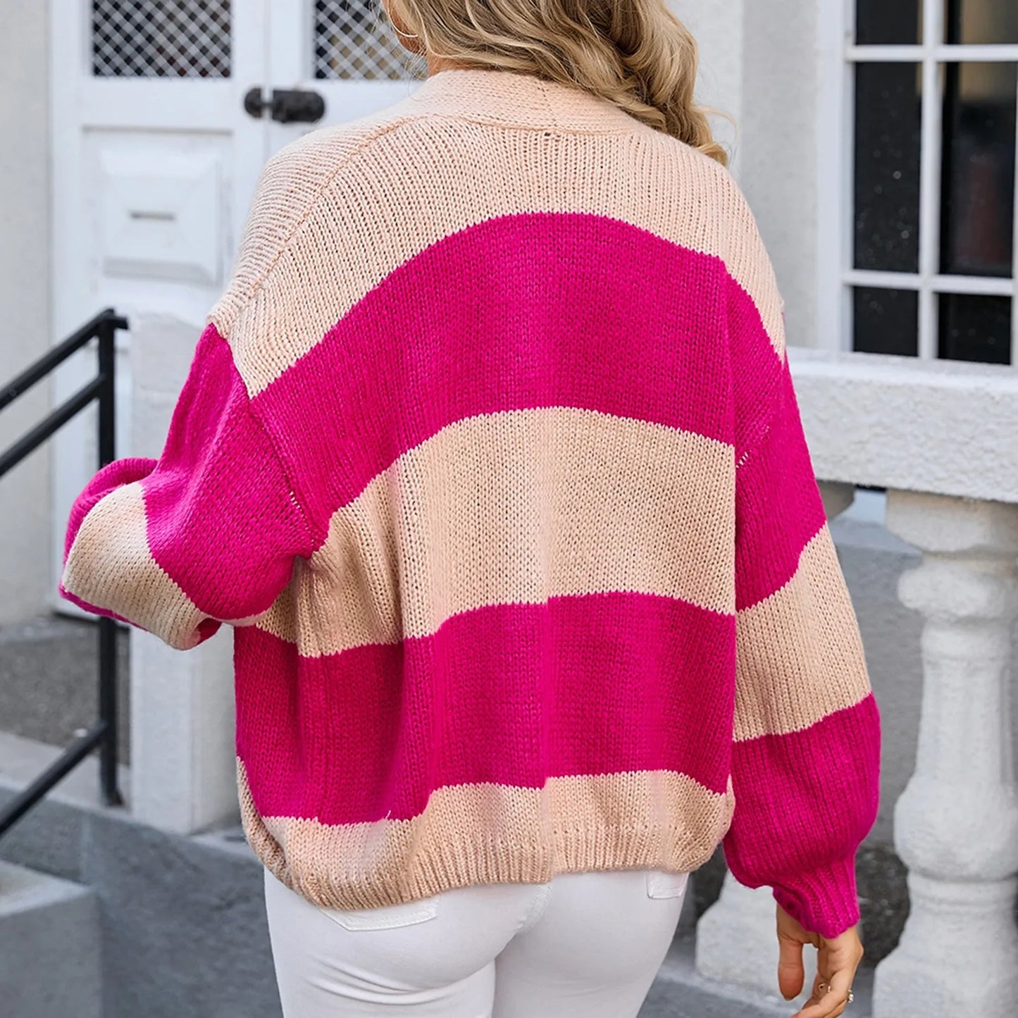 Women Open Front Knit Cardigan Long Sleeve Solid Color Block Striped Sweater Pockets Long Outerwear Femal Office Streetwear