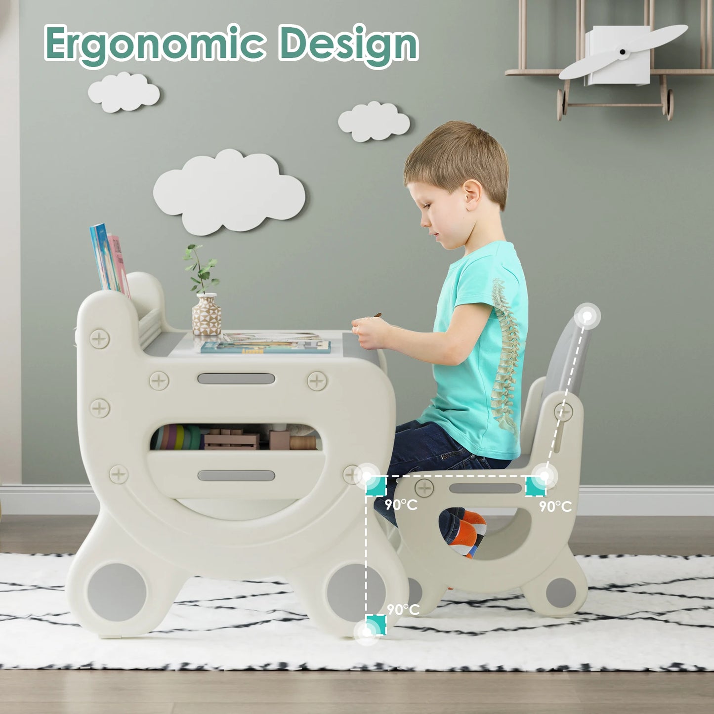 Kids Drawing Table and Chair Set with Pens & Blackboard Eraser Toddlers Art Activity Table Set, Gray & White