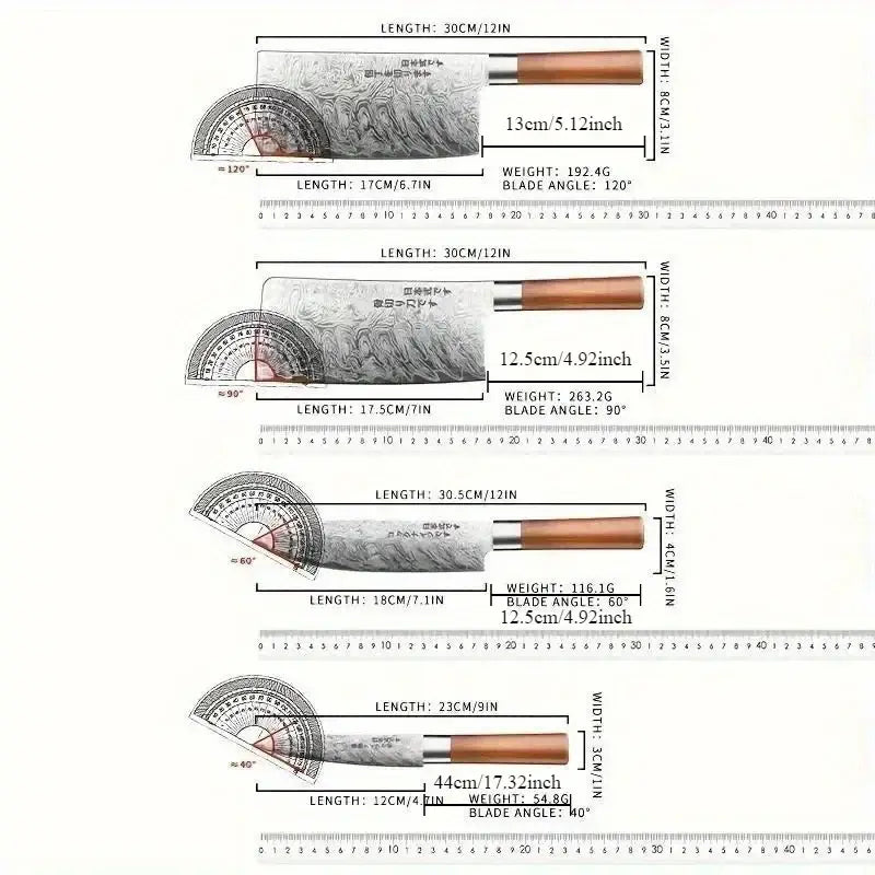 Specifications of Japanese kitchen knives showing blade length, weight, and blade angle for various models.