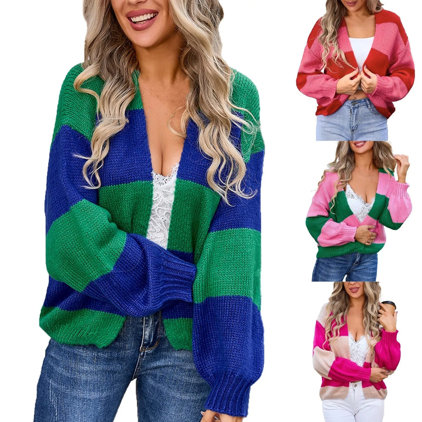 Women Open Front Knit Cardigan Long Sleeve Solid Color Block Striped Sweater Pockets Long Outerwear Femal Office Streetwear