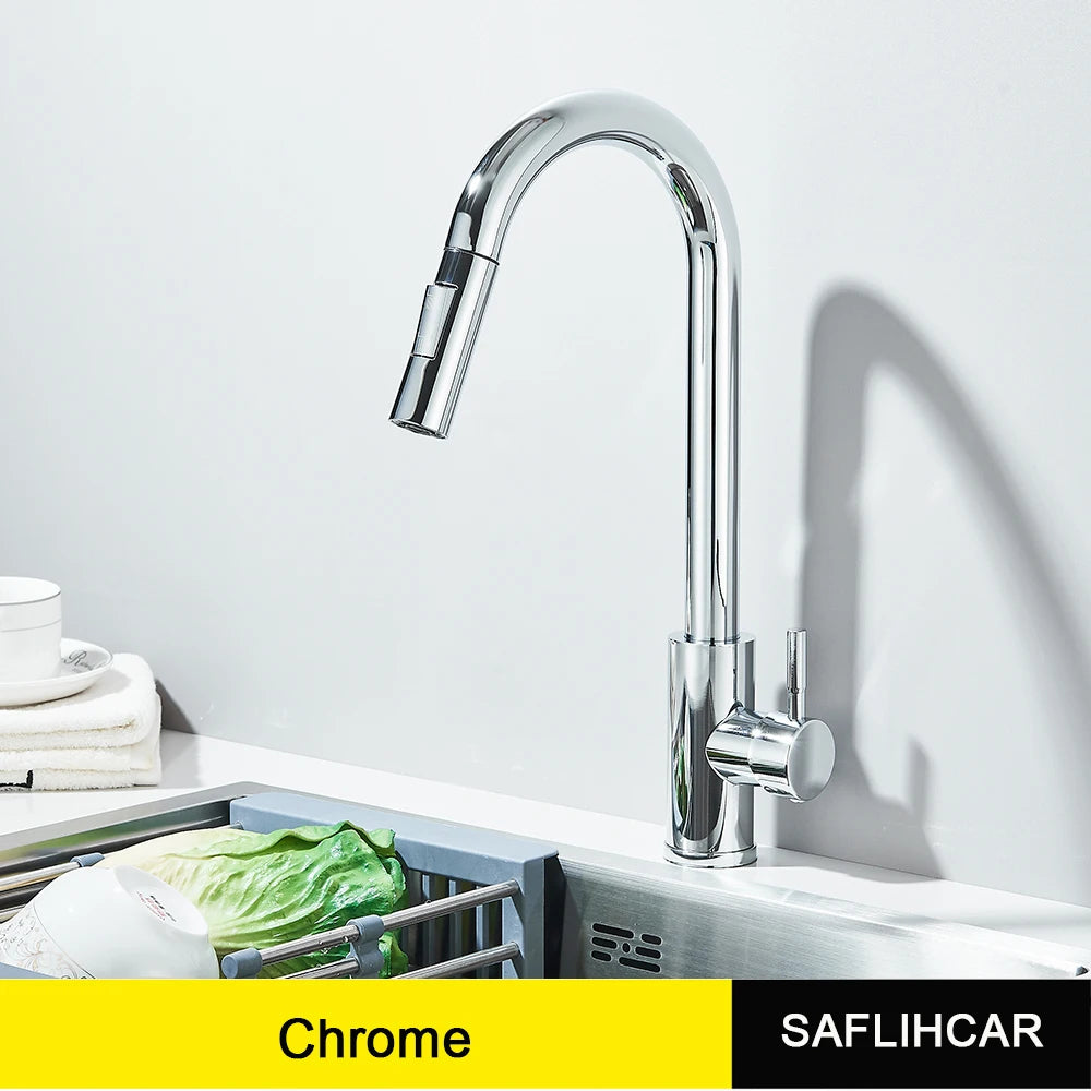 Polished Gold Kitchen Sink Faucet Pull Out Spout Cold Hot Water Mixer Taps Deck Mounted