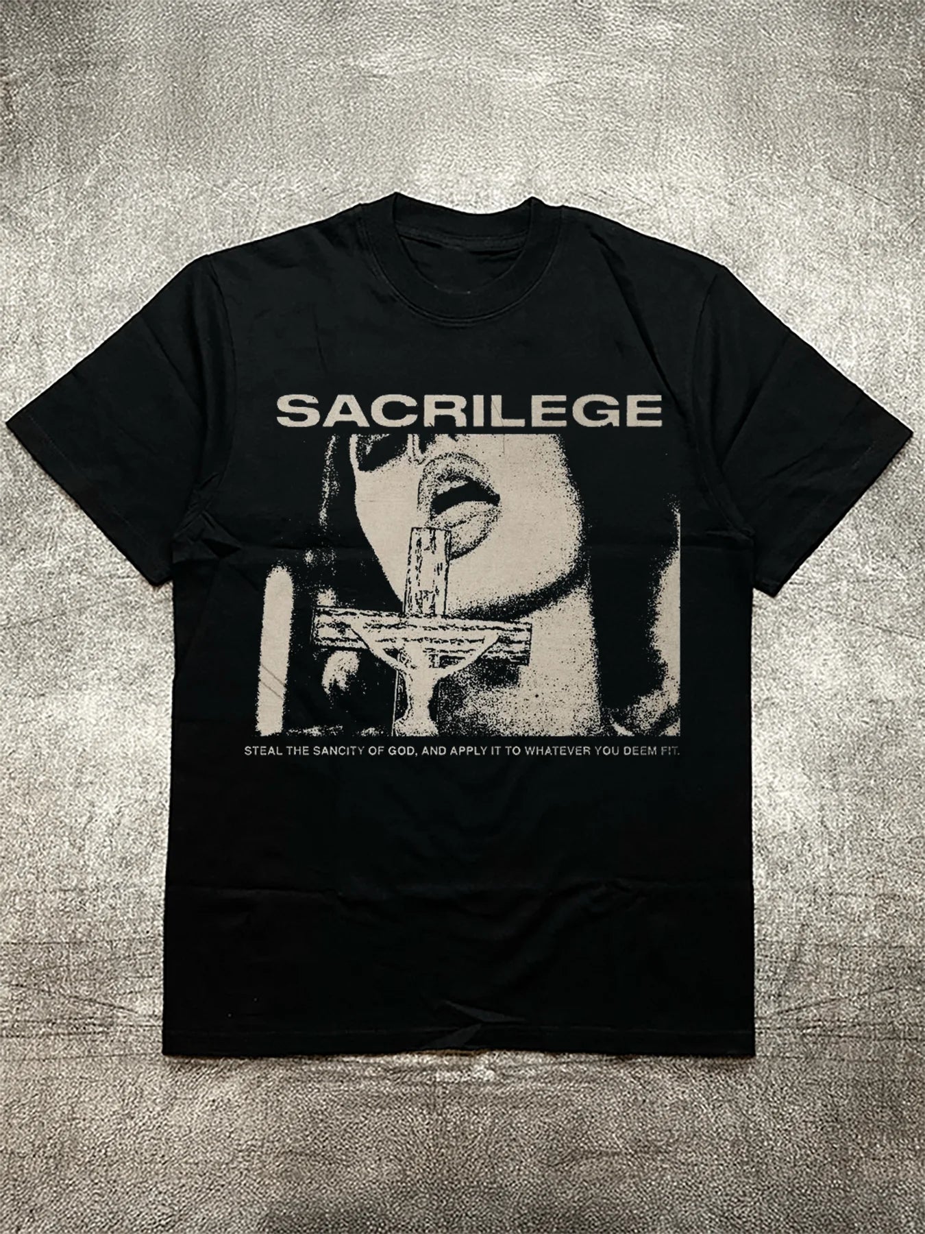 Men's Black Short - Sleeve T-Shirt, 200g Cotton, with "SACRILEGE" Themed Personalized Heat Transfers