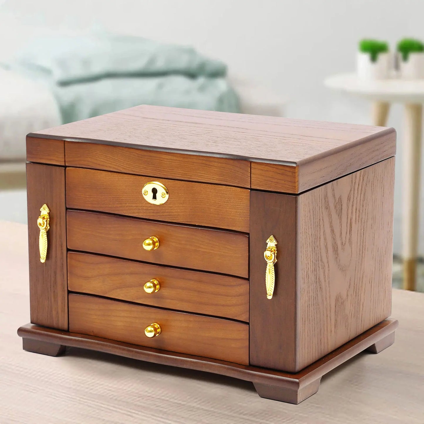 Retro Wooden Jewelry Box with 4 Tiers, Key Lock, Magnetic Doors, Velvet Lining, and Mirror for Secure and Organized Jewelry