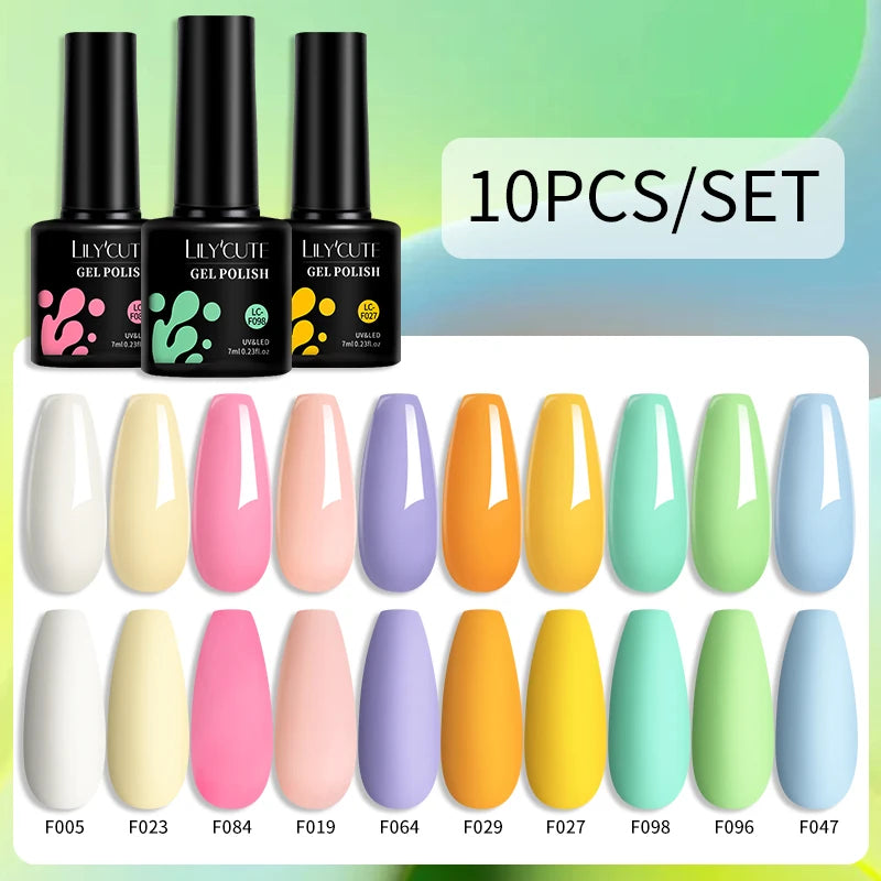 LILYCUTE 10PCS/Set Набір гель-лаків для нігтів Рожевий фіолетовий гель для нігтів Напівперманентний УФ світлодіодний лак Nail Art Design Soak Off Набір гелів для нігтів