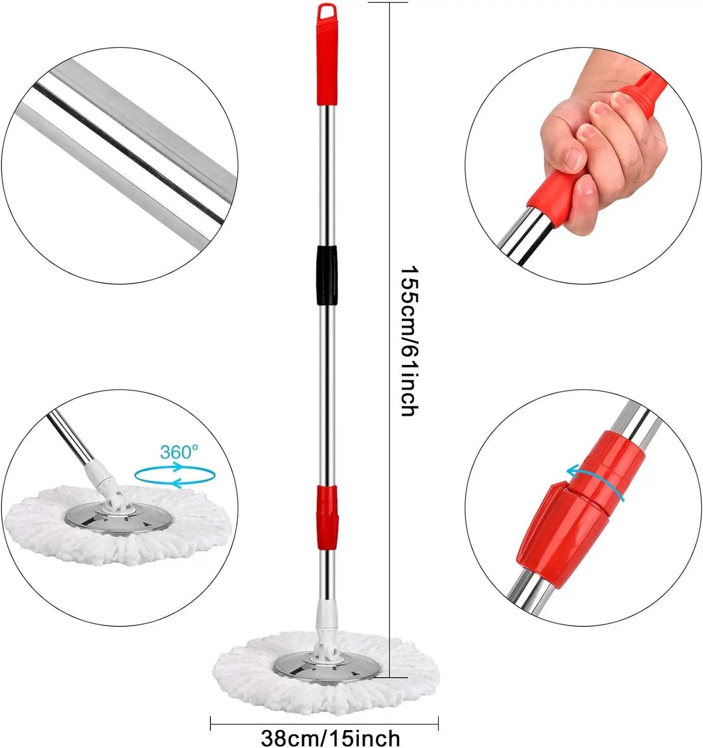 360° Spin Mop Bucket Sets with Wring System in 3 Microfiber Heads, Stainless Steel Basket 61" Extended Handle Floor Cleaning