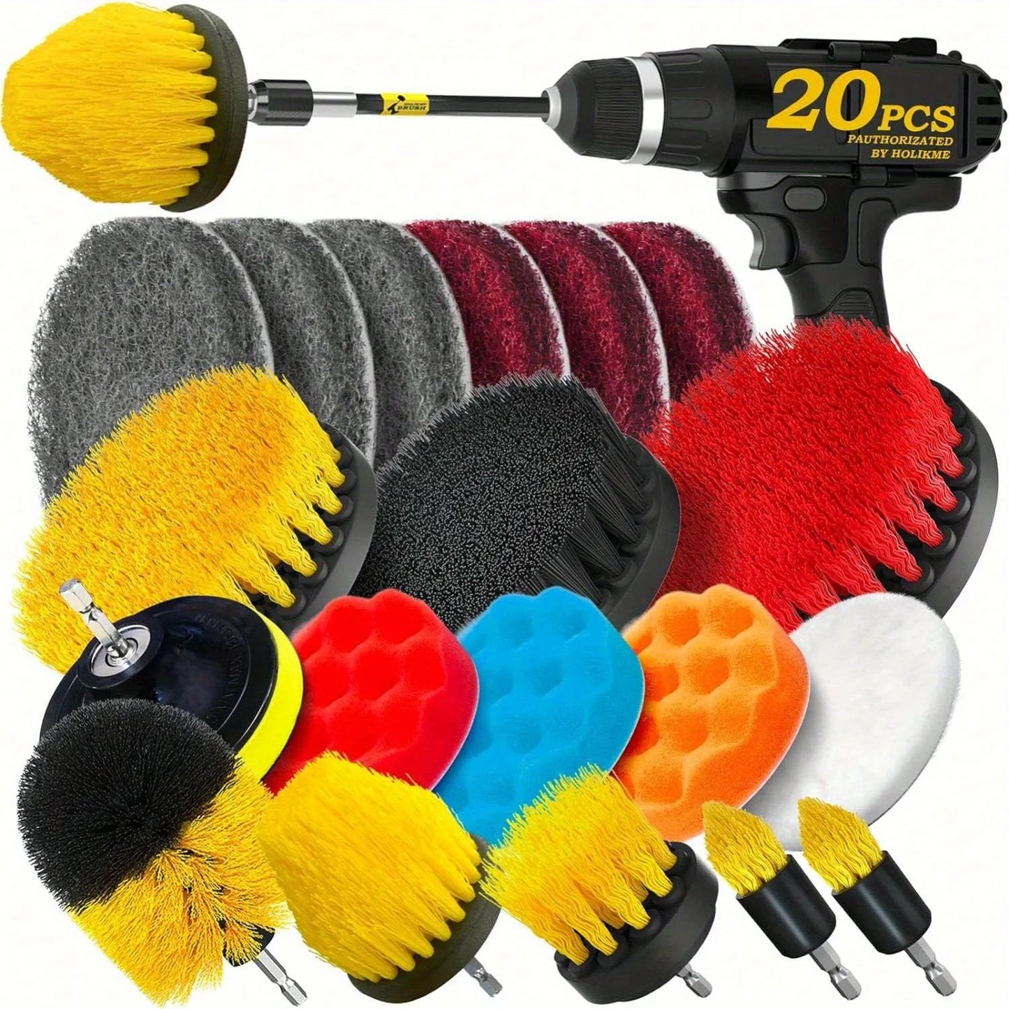 20 Pack Power Scrubber Brush Set with Extend Long Attachment, Drill Brush Attachments, Scrub Pads, Sponge, Buffing Pads, Car