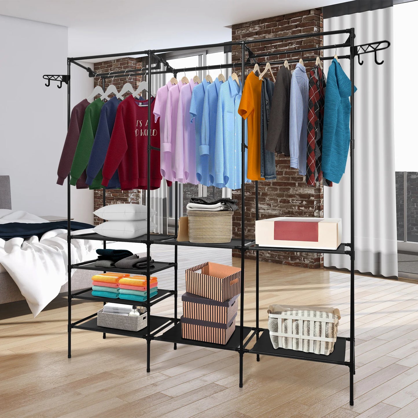 Metal Garment Rack Shoe Clothing Organizer Shelves Freestanding Multifunctional Clothes Wardrobe, Black