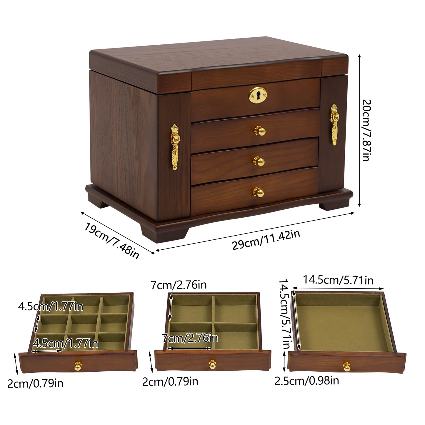 Retro Wooden Jewelry Box with 4 Tiers, Key Lock, Magnetic Doors, Velvet Lining, and Mirror for Secure and Organized Jewelry