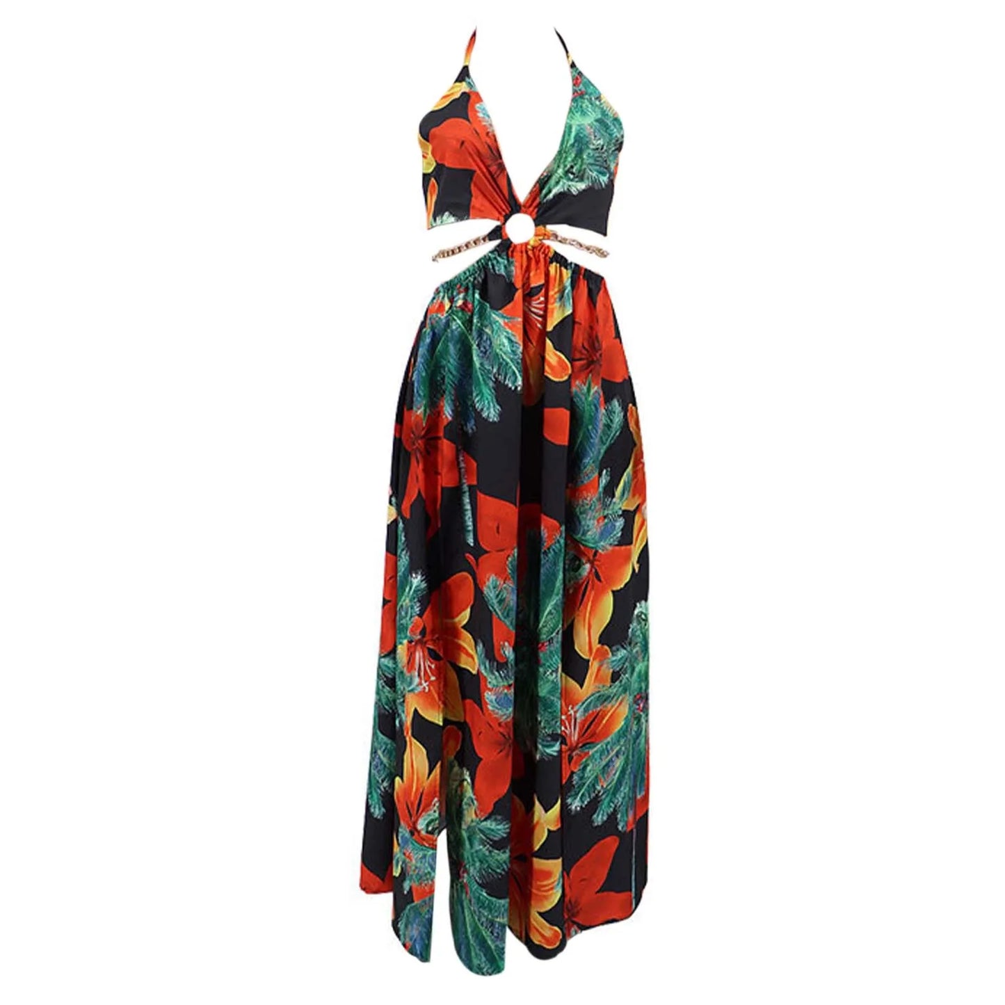 Floral Print Maxi Dress For Women Stylish French Halterneck Summer Dress Mid Length Camisole Dress Elegant High Split Dress