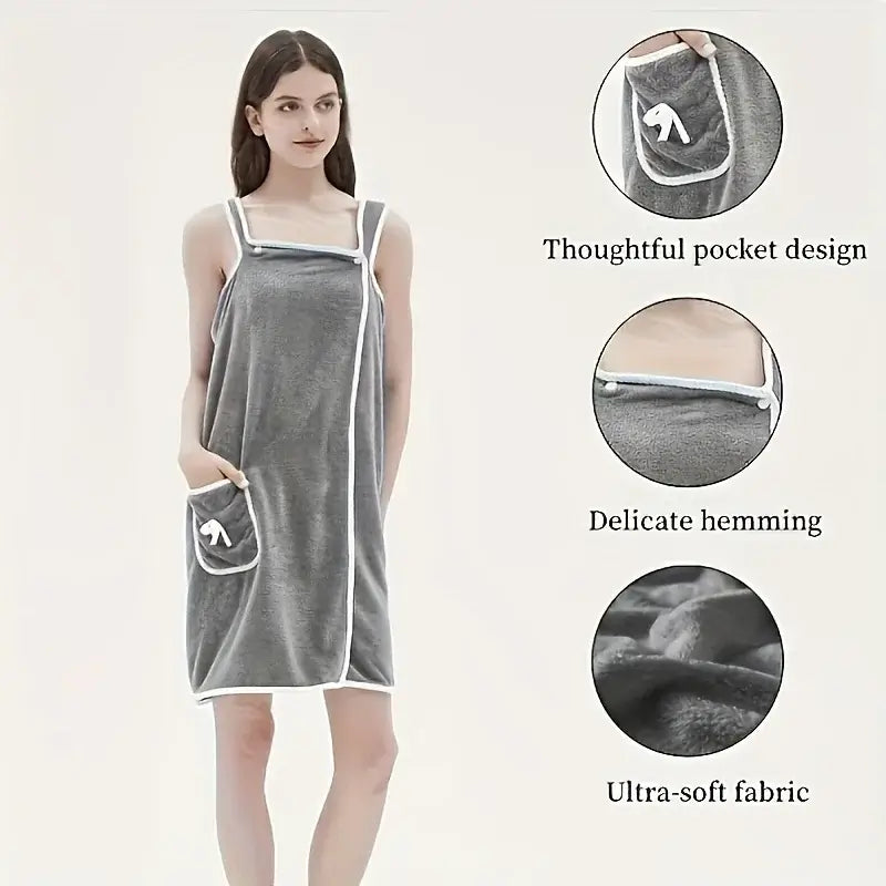 Wearable bath towel with pocket, delicate hemming, and ultra-soft fabric, designed for adults, quick drying, and highly absorbent.