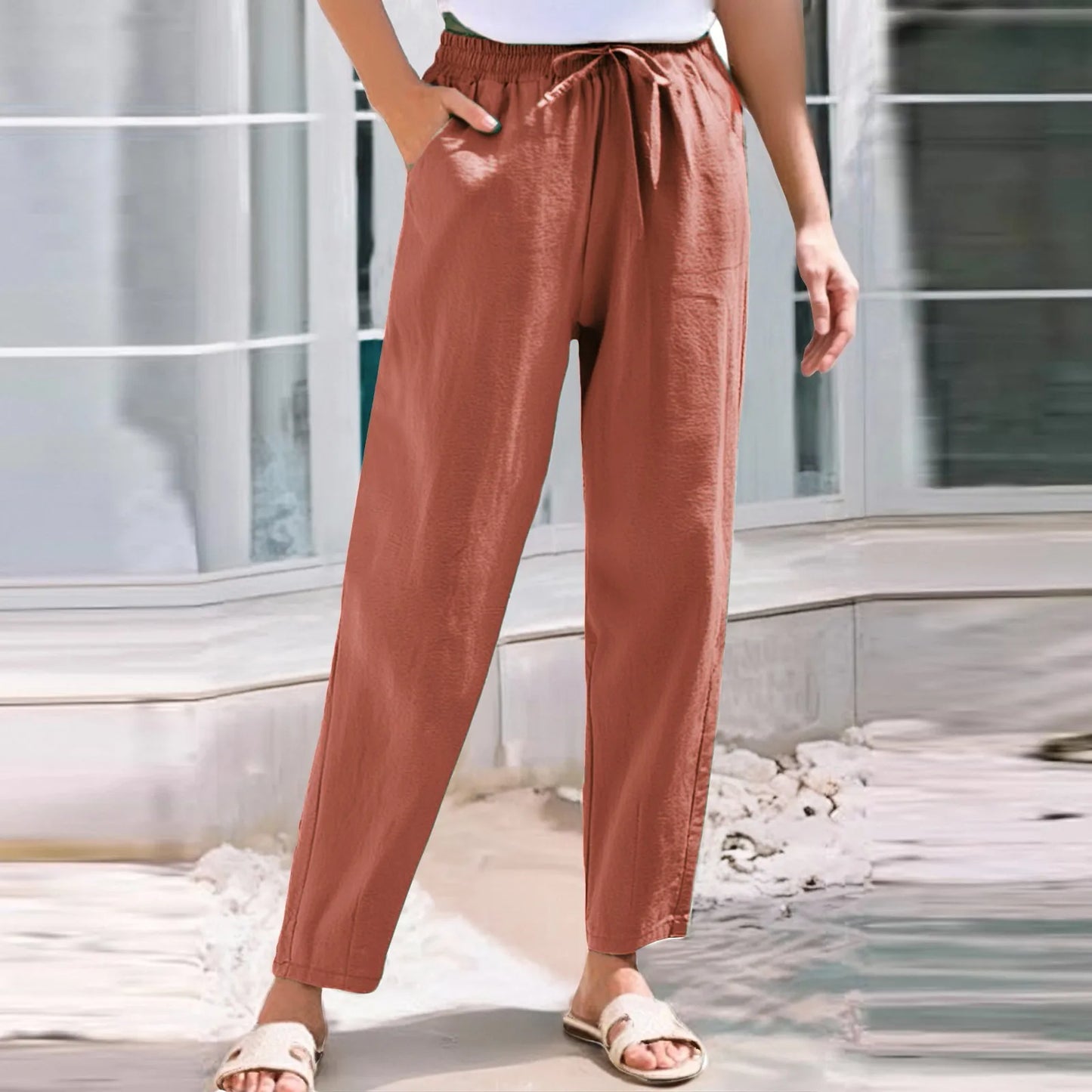 Women Cropped Pants Cotton Linen Baggy Trousers Drawstring Elastic Waist Pantalones Korean Fashion Solid Straight Pants штаны