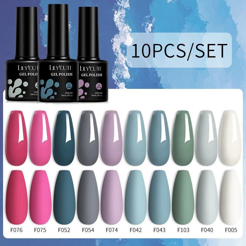 LILYCUTE 10PCS/Set Набір гель-лаків для нігтів Рожевий фіолетовий гель для нігтів Напівперманентний УФ світлодіодний лак Nail Art Design Soak Off Набір гелів для нігтів