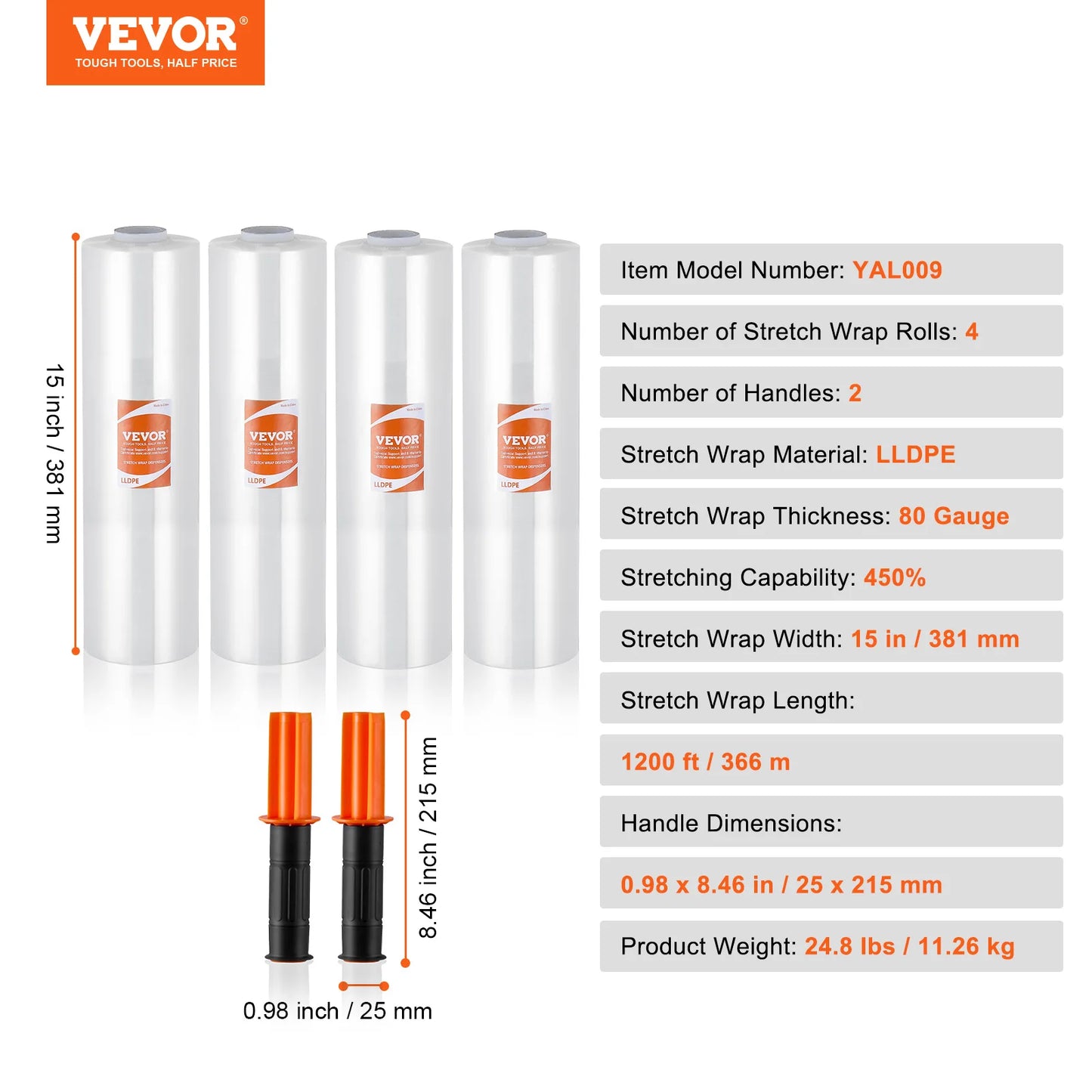 VEVOR 1/2/3/4 Packs Stretch Film 15 in Clear Shrink Film Roll Stretch Wrap with Handles for Pallet Wrapping Shipping Moving