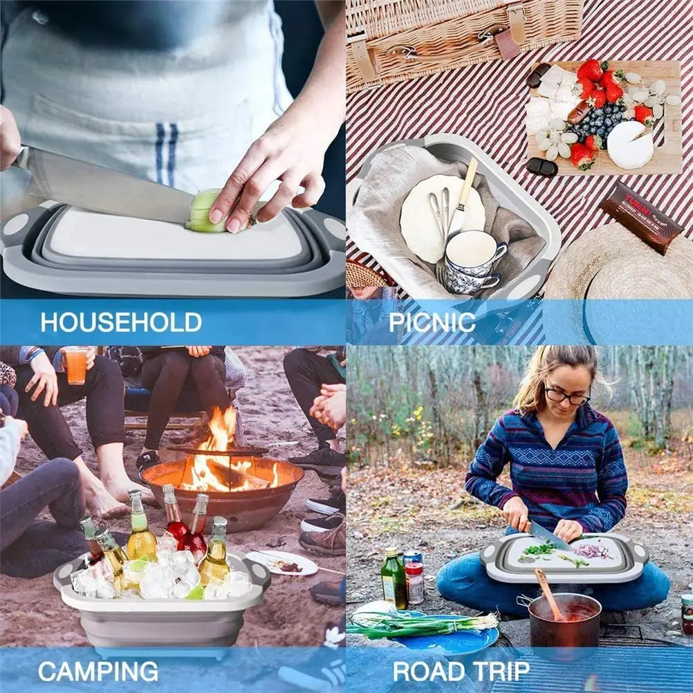 2PCS Collapsible Cutting Board Drain Basket, Portable Multi-Function Vegetable Fruits Drain Basin, for Kitchen/Outdoor Camping