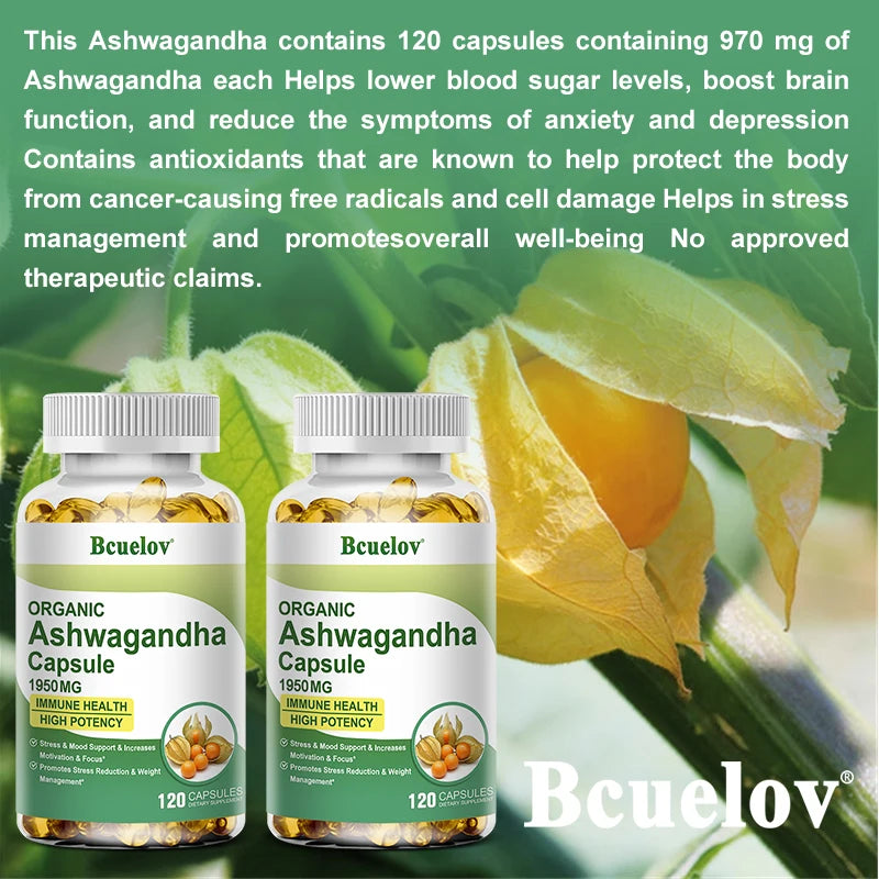 BCuelov Ashwagandha Extract Capsules Help Antioxidant, Relieve Stress, Improve Sleep, Enhance Immunity Dietary Supplement