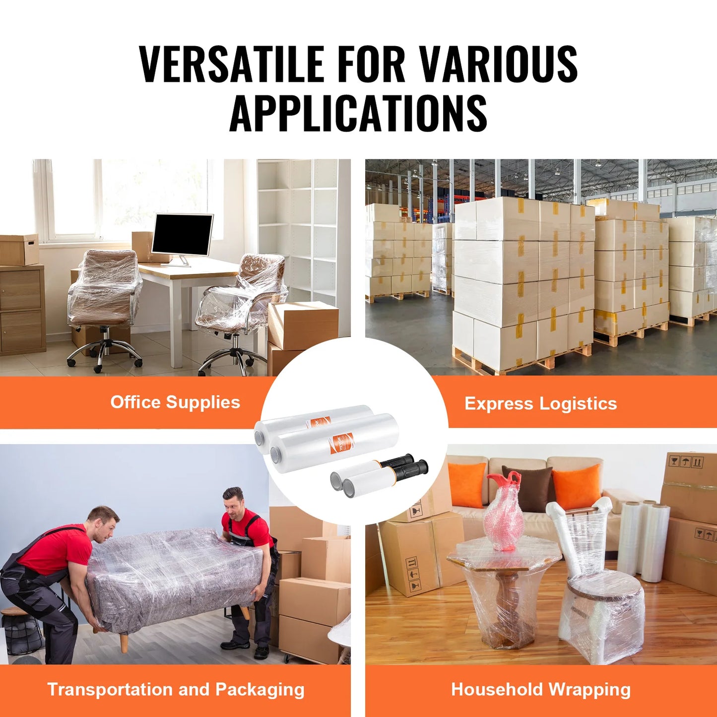 VEVOR 1/2/3/4 Packs Stretch Film 15 in Clear Shrink Film Roll Stretch Wrap with Handles for Pallet Wrapping Shipping Moving