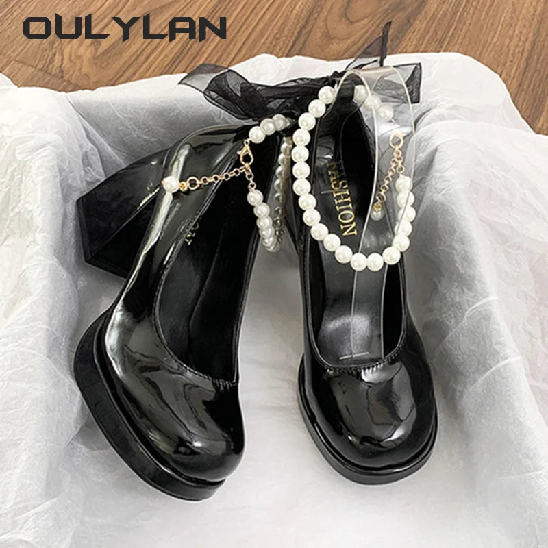 Oulylan Women High Heels Elegant Bow Square Toe Black Fashion Pumps Thick Heel Wedding Party Pearl Lace Wedding Shoes Ladies
