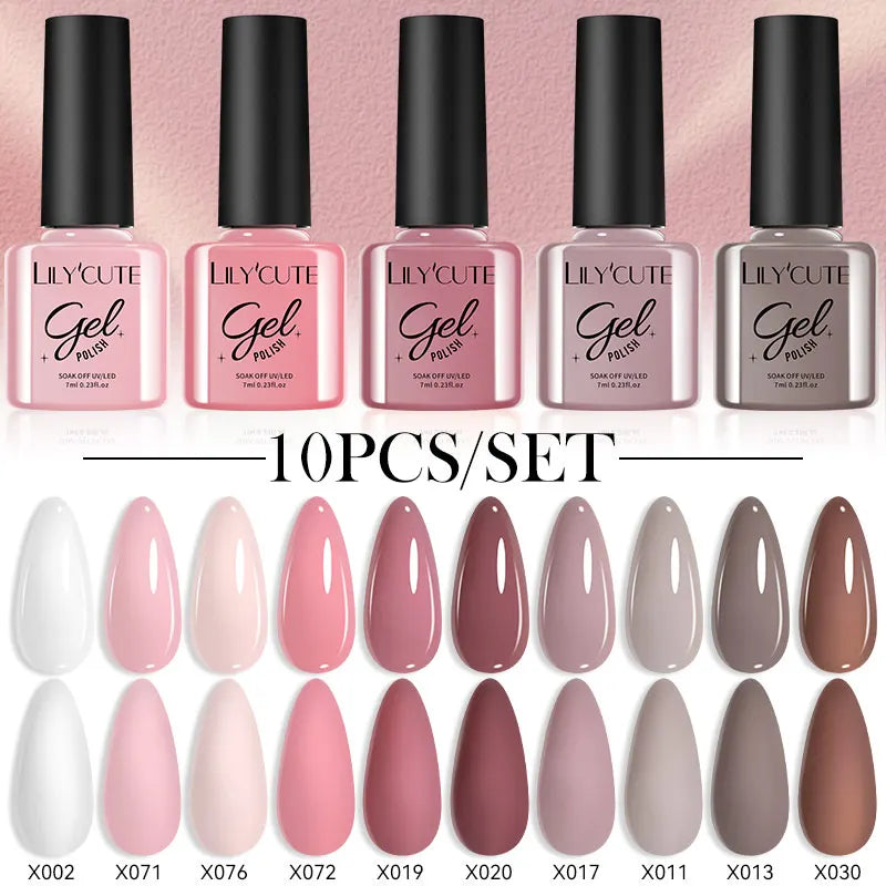 LILYCUTE 10PCS/Set Набір гель-лаків для нігтів Рожевий фіолетовий гель для нігтів Напівперманентний УФ світлодіодний лак Nail Art Design Soak Off Набір гелів для нігтів