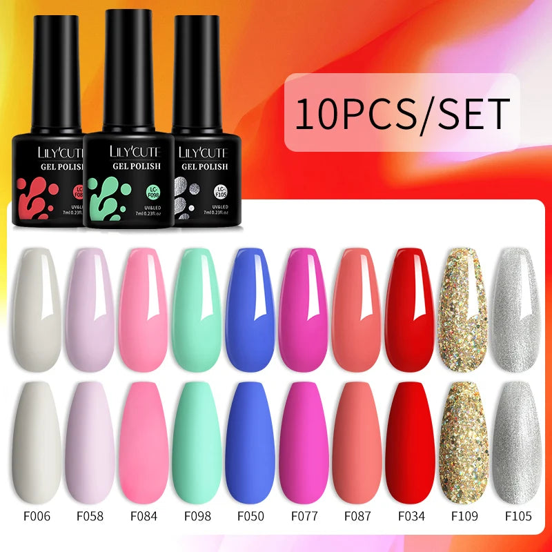 LILYCUTE 10PCS/Set Набір гель-лаків для нігтів Рожевий фіолетовий гель для нігтів Напівперманентний УФ світлодіодний лак Nail Art Design Soak Off Набір гелів для нігтів