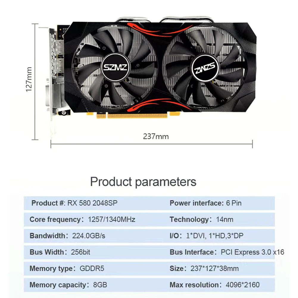 RX580 1/2/4/8GB Gaming Video Card Computer Graphics Card PCI-E X16 DDR3 HD+VGA+DVI placa de video GPU Display Cards PC Accessory