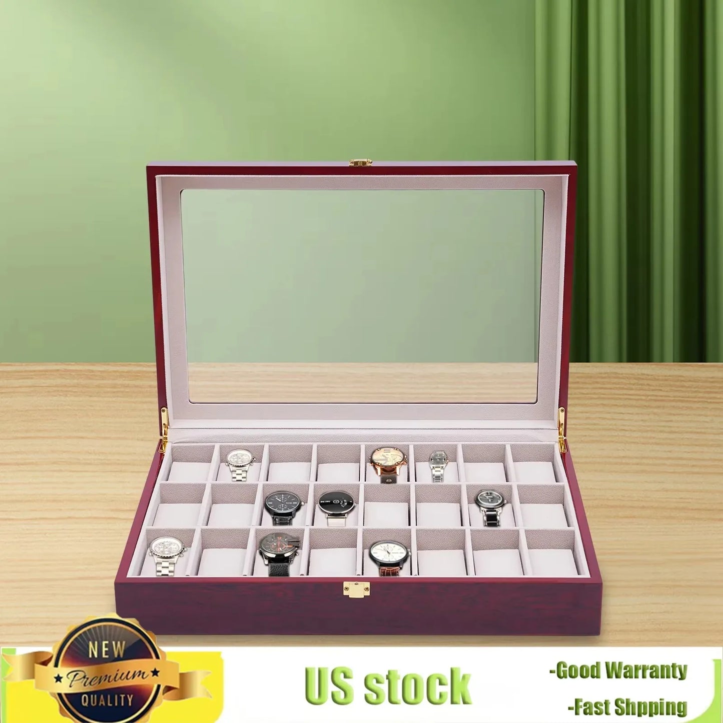 Bymaocar 24 Slots Vintage Wooden Watch Ring Box Bracelet Display Case Organizer with Glass Top and Locking Clasp for Men & Women