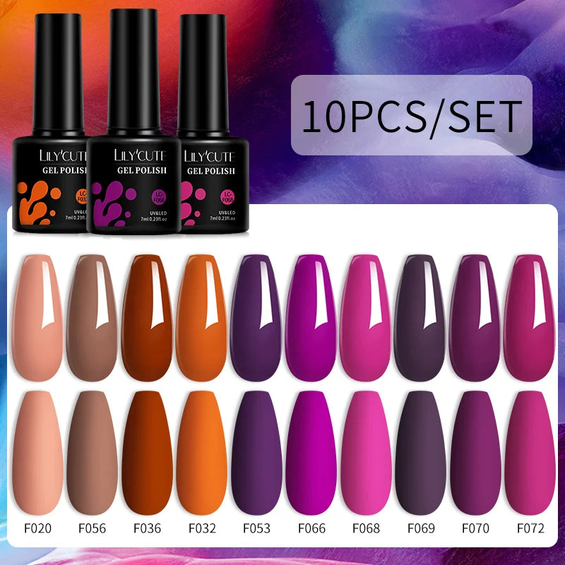 LILYCUTE 10PCS/Set Набір гель-лаків для нігтів Рожевий фіолетовий гель для нігтів Напівперманентний УФ світлодіодний лак Nail Art Design Soak Off Набір гелів для нігтів