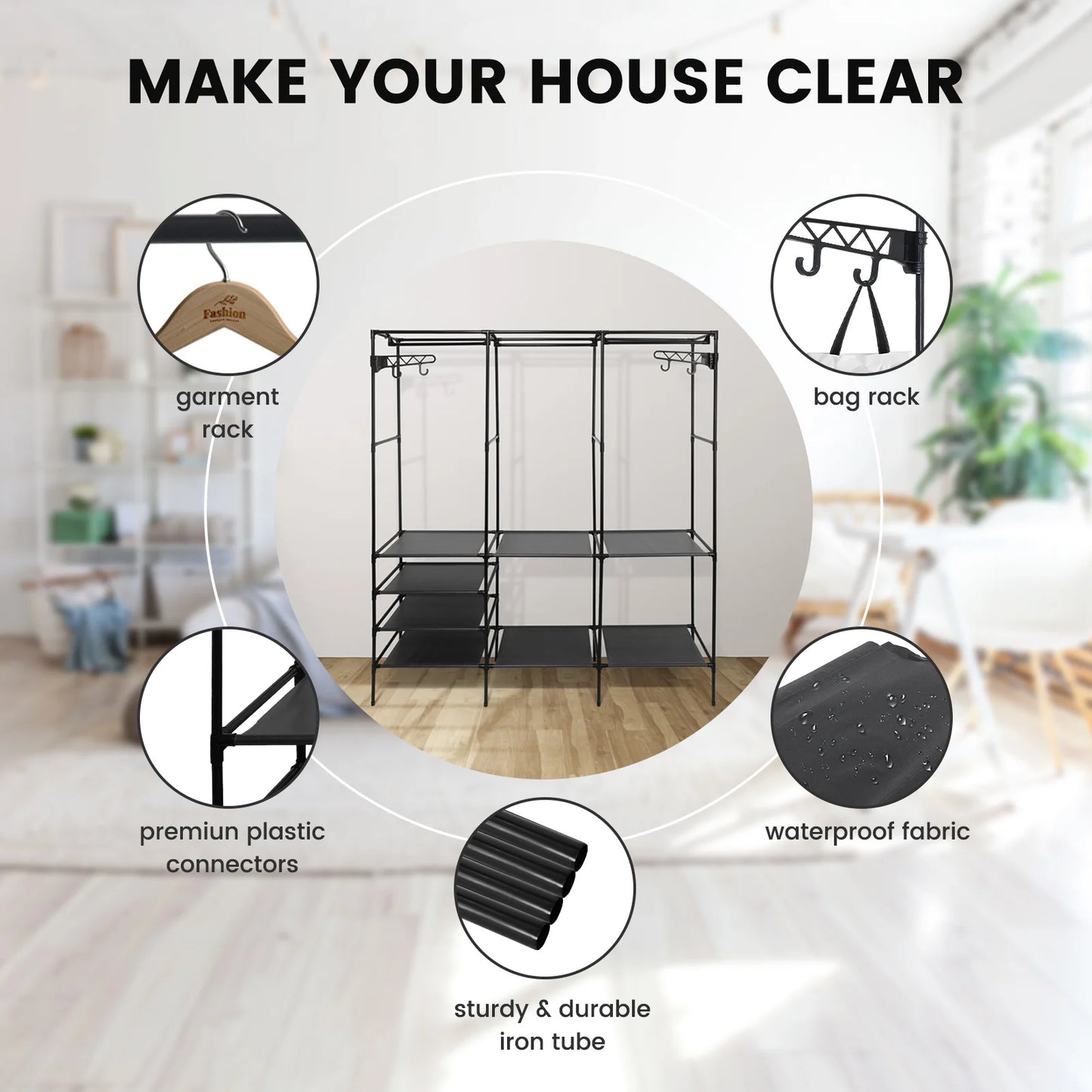 Metal Garment Rack Shoe Clothing Organizer Shelves Freestanding Multifunctional Clothes Wardrobe, Black