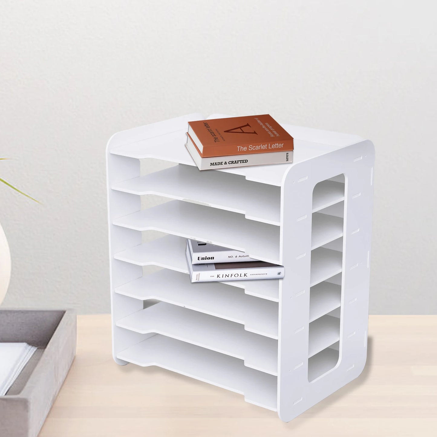 7 Tier White Wooden Office Desk Desktop Organizers and Accessories Letter Tray Paper Sorter Holder File Rack Shelf Lite
