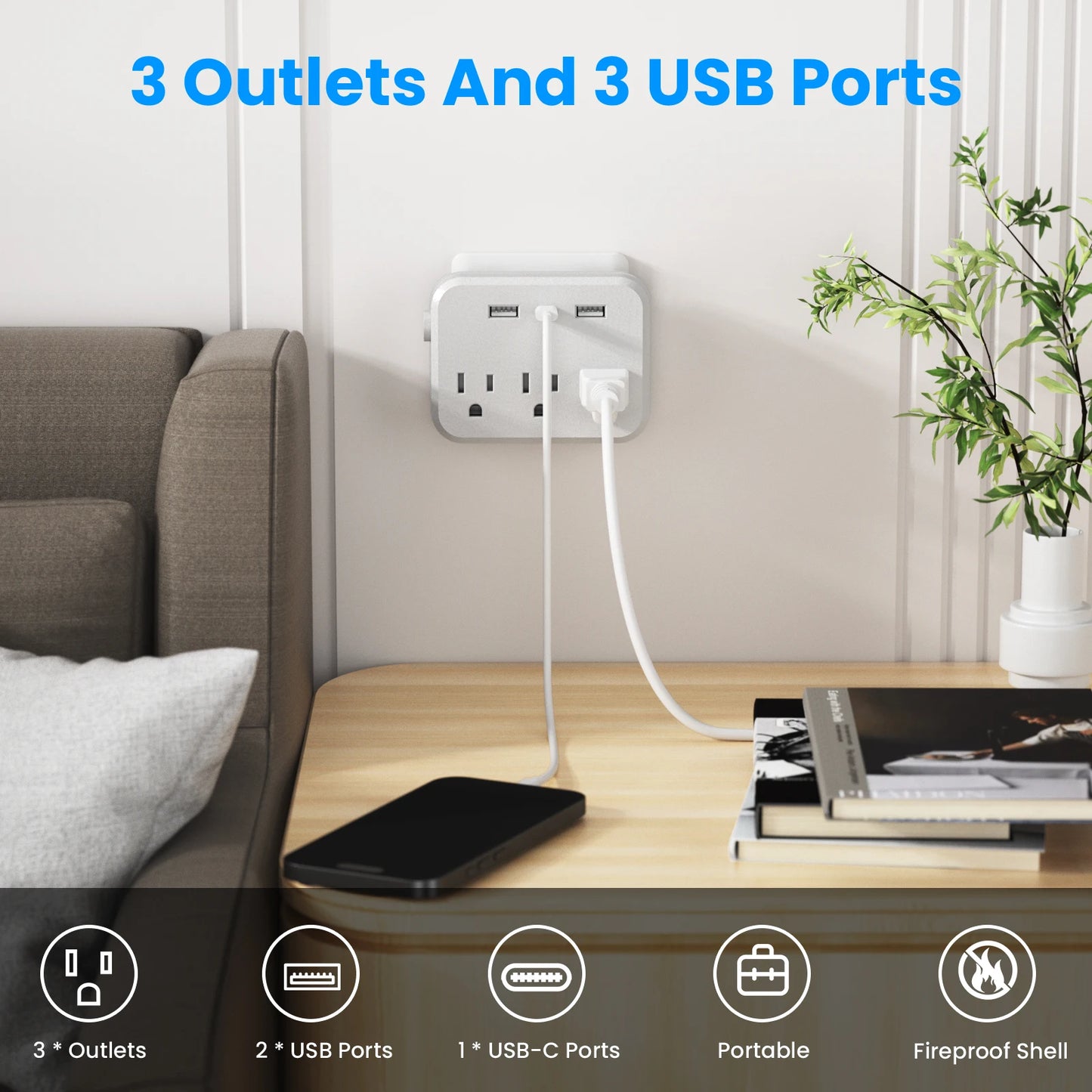 TRANSTON 2 pcs,Switch with surge protector Mini Portable power strip 6-in-1 Multifunctional 3 power strip 2 USB ports 1-usb-c