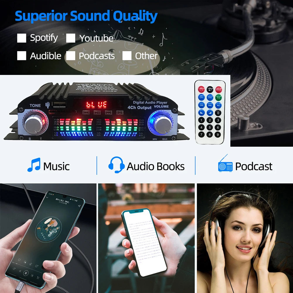1600W Peak Power Karaoke Player Remote Control Bluetooth-Compatible Home Car Power Amplifier FM USB Mini HIFI Digital Stereo Amp