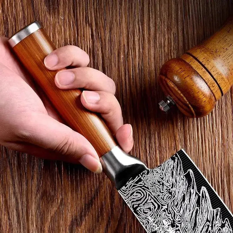 Professional Japanese kitchen knife held in hand, showcasing its sharp blade and ergonomic wooden handle.