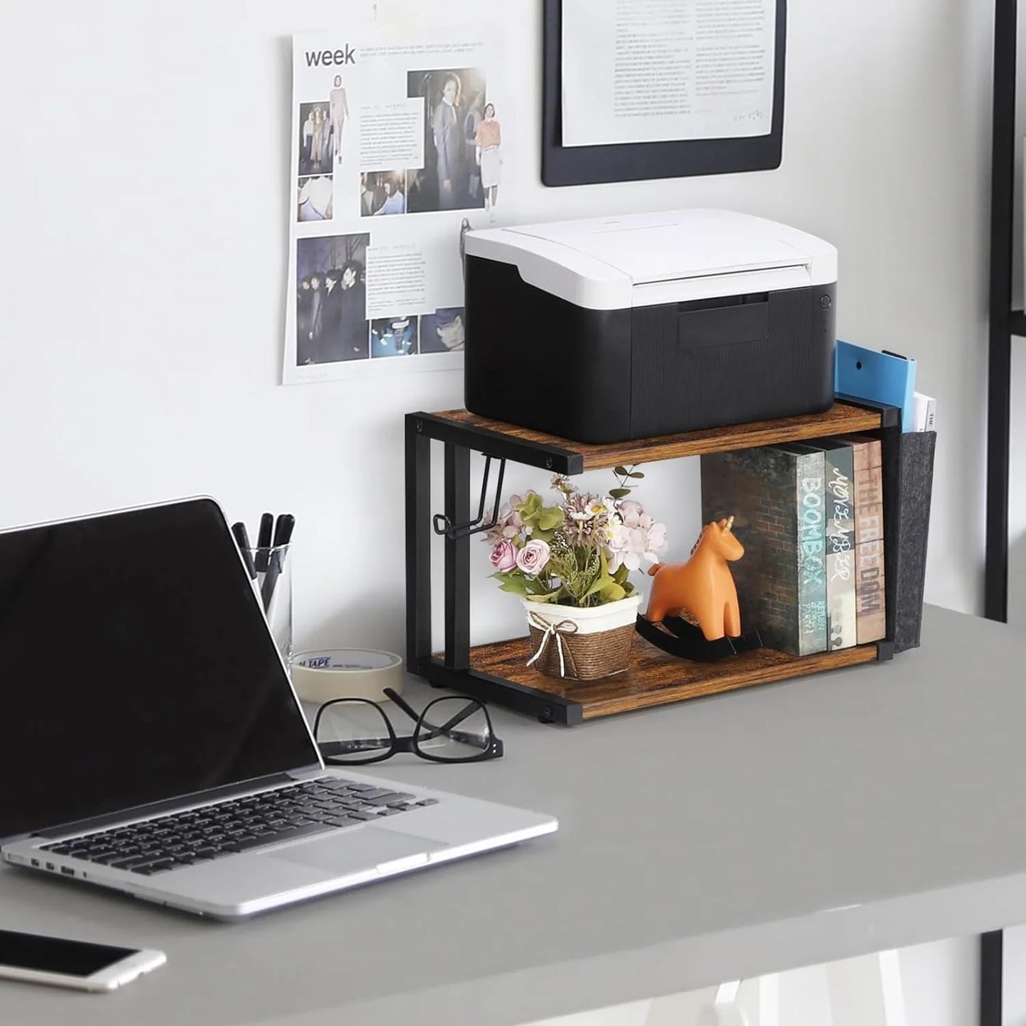 Printer Stand with Storage Bag Under Desk Printer Table on Wheels 2 Tier Small Desktop Rolling Stand Shelf (Brown)