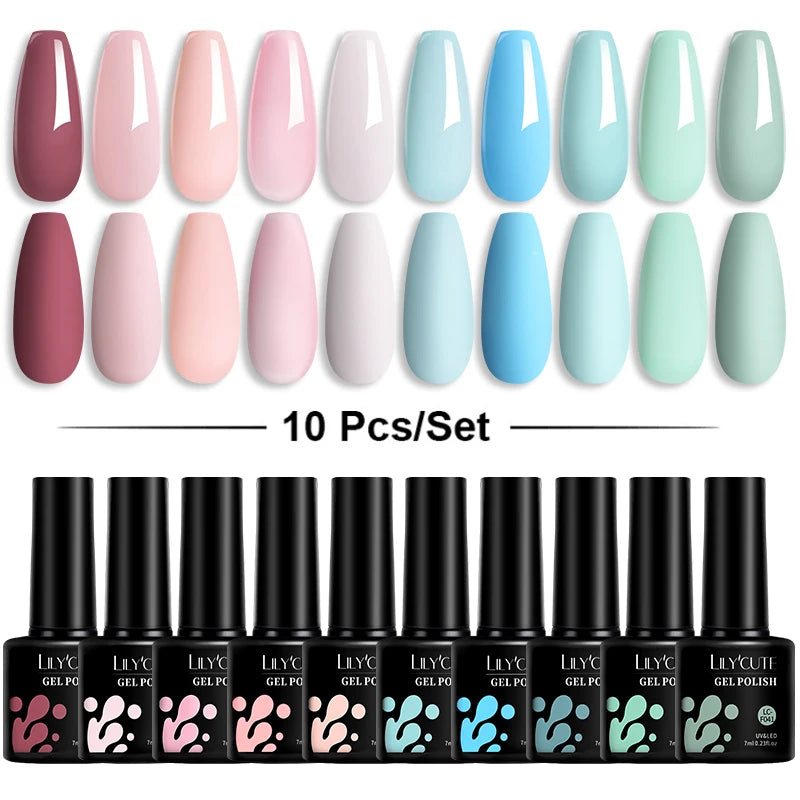 LILYCUTE 10PCS/Set Набір гель-лаків для нігтів Рожевий фіолетовий гель для нігтів Напівперманентний УФ світлодіодний лак Nail Art Design Soak Off Набір гелів для нігтів