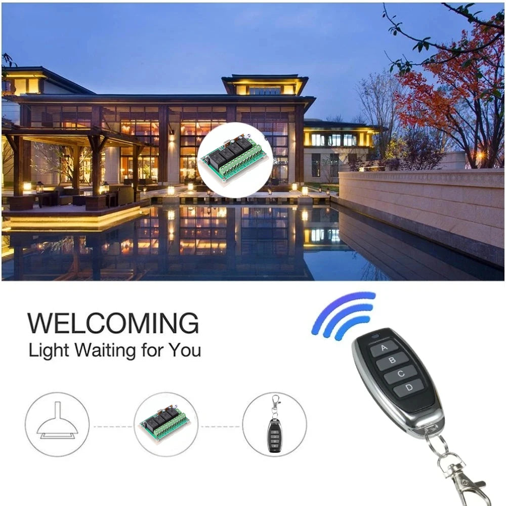 433Mhz DC 12V 20A 4CH Relay Module Receiver EV1527 Wireless Remote Control Switch 433Mhz for DC Motor DIY