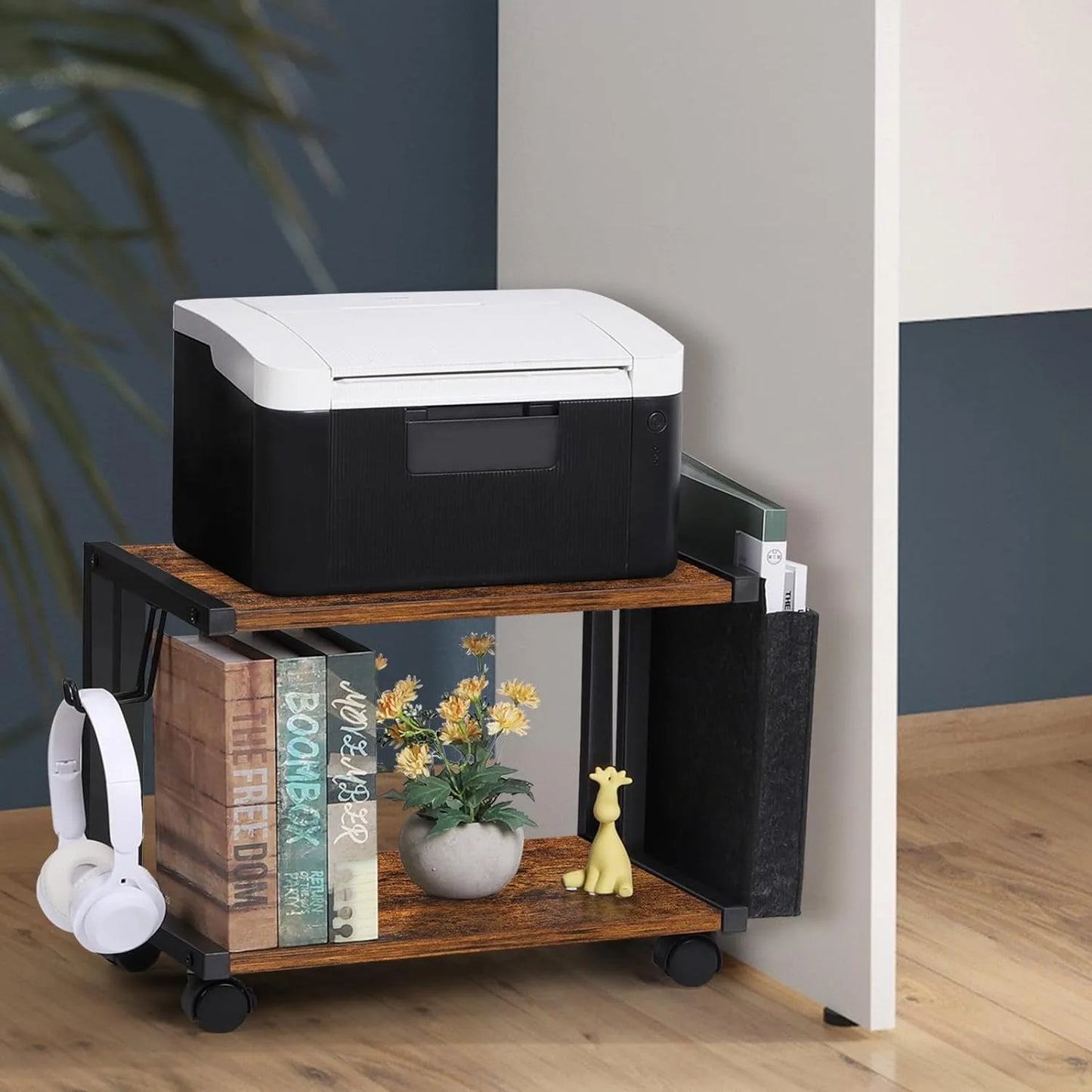 Printer Stand with Storage Bag Under Desk Printer Table on Wheels 2 Tier Small Desktop Rolling Stand Shelf (Brown)