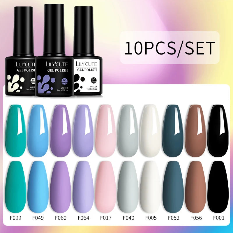 LILYCUTE 10PCS/Set Набір гель-лаків для нігтів Рожевий фіолетовий гель для нігтів Напівперманентний УФ світлодіодний лак Nail Art Design Soak Off Набір гелів для нігтів