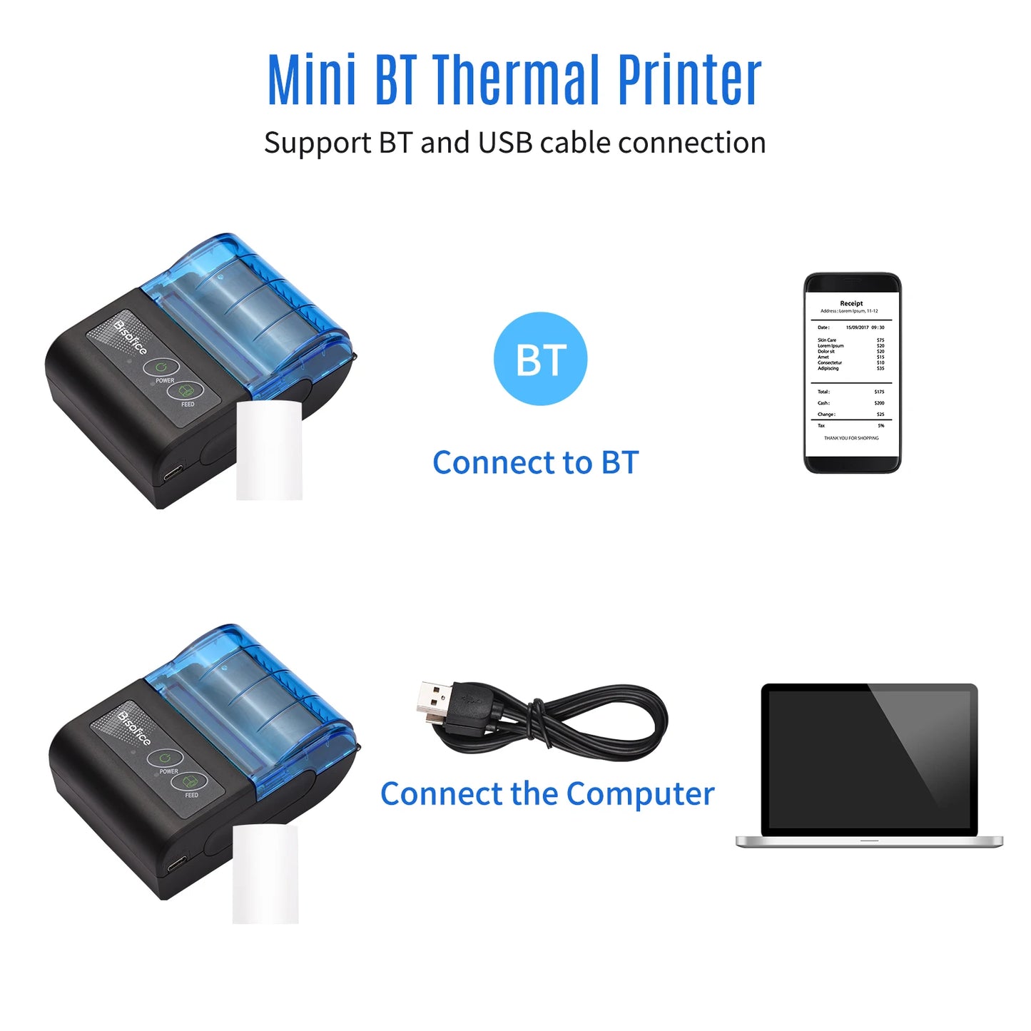 Portable Mini Thermal Printer 2 Inch Wireless USB Receipt Bill Ticket Printer with 58mm Print Paper For IOS Android Windows