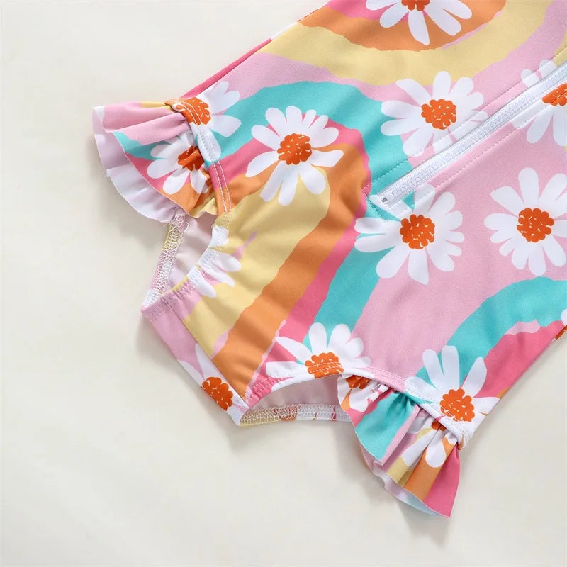 Toddler Boy Rash Guard Swimsuit Short Sleeve High Neck Zipper Beach Pool Bodysuit Swimwear Cap