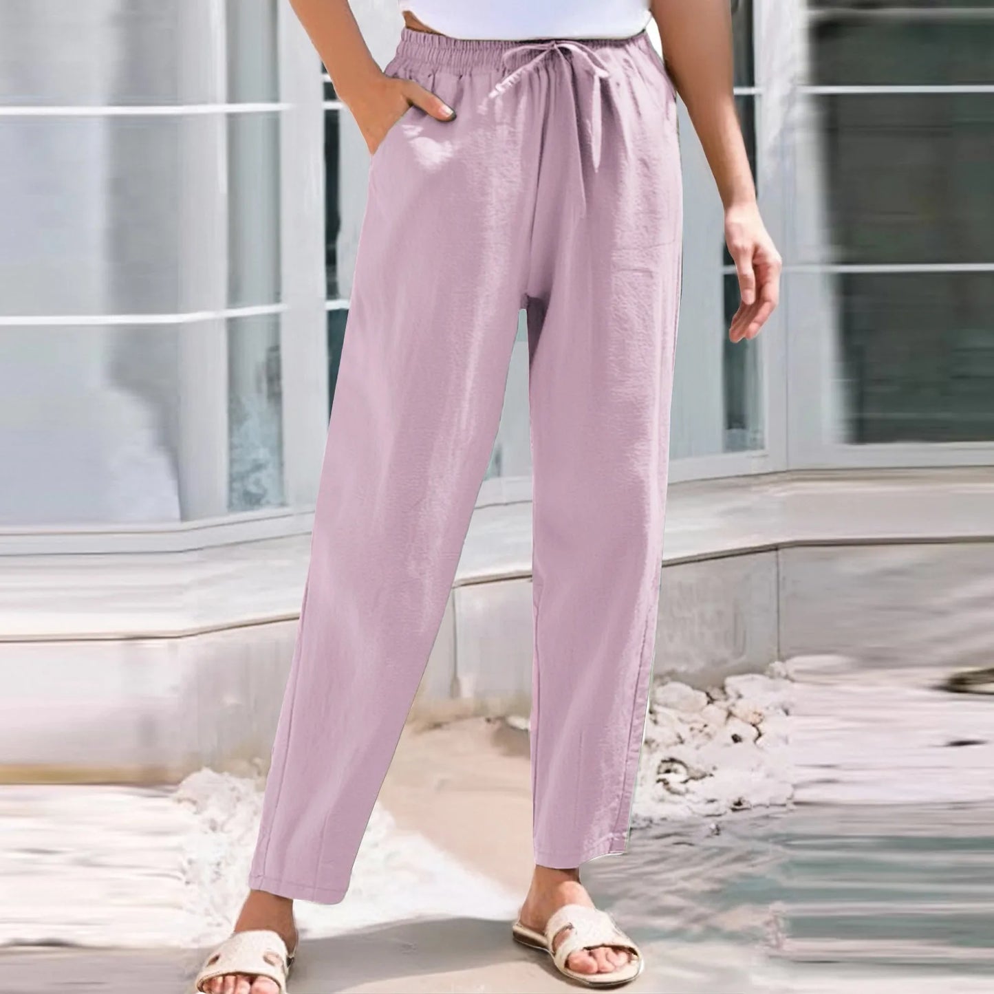 Women Cropped Pants Cotton Linen Baggy Trousers Drawstring Elastic Waist Pantalones Korean Fashion Solid Straight Pants штаны