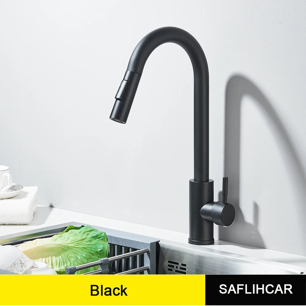 Polished Gold Kitchen Sink Faucet Pull Out Spout Cold Hot Water Mixer Taps Deck Mounted