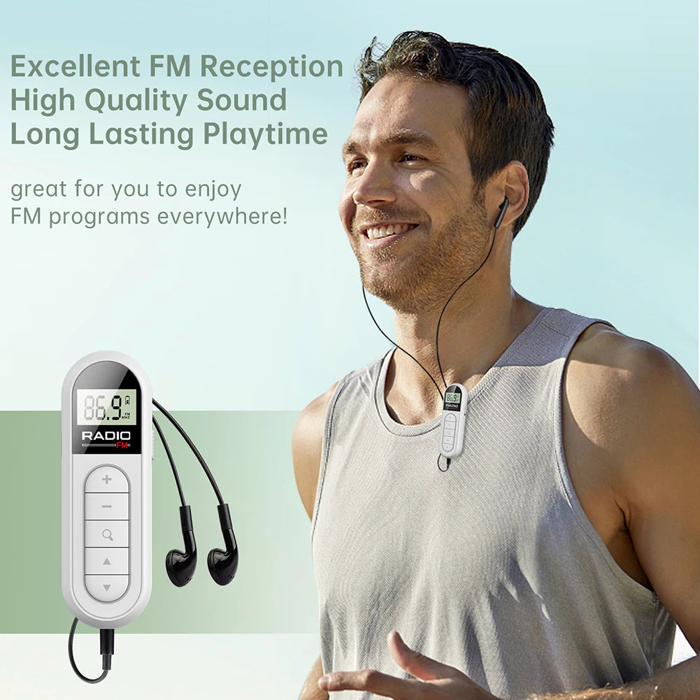 FM Radio Backlight LCD Display Mini Pocket Clip Radio with 3.5mm Headphones Personal Walkman Radio Receiver for Walk Camping